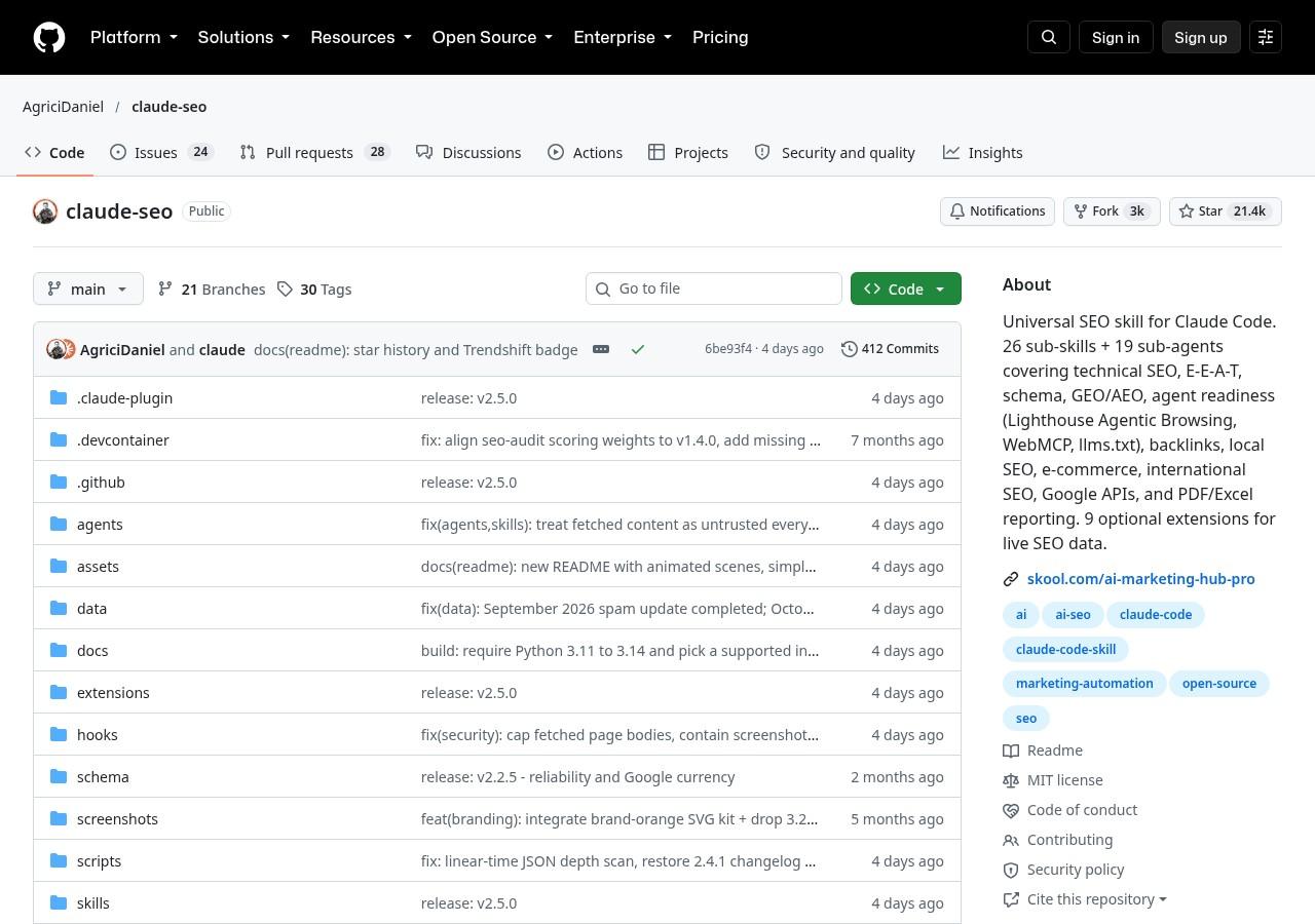 Screenshot of the Claude SEO GitHub repository page showing the MIT licence, star and fork counts and the file list