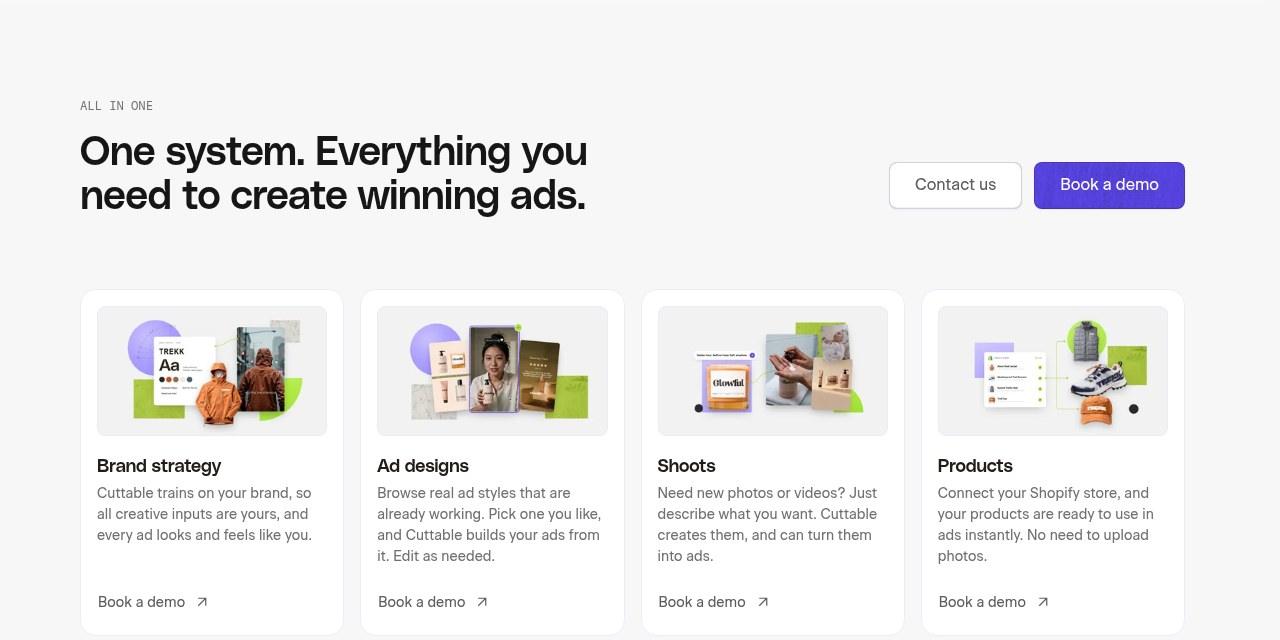 Screenshot of Cuttable platform page showing one system for winning ads: brand strategy, ad designs, shoots and products modules