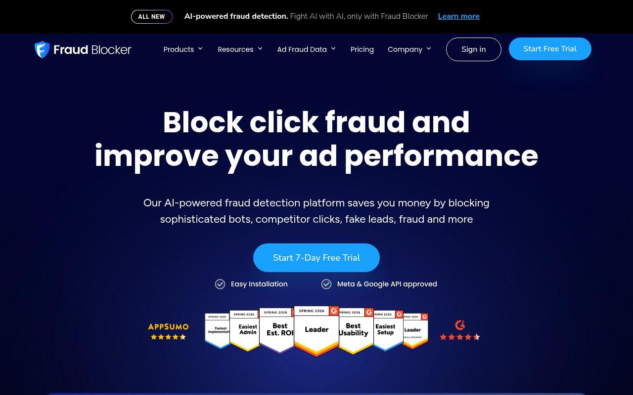 Screenshot of the Fraud Blocker homepage headline: block click fraud and improve your ad performance, with a 7-day free trial button