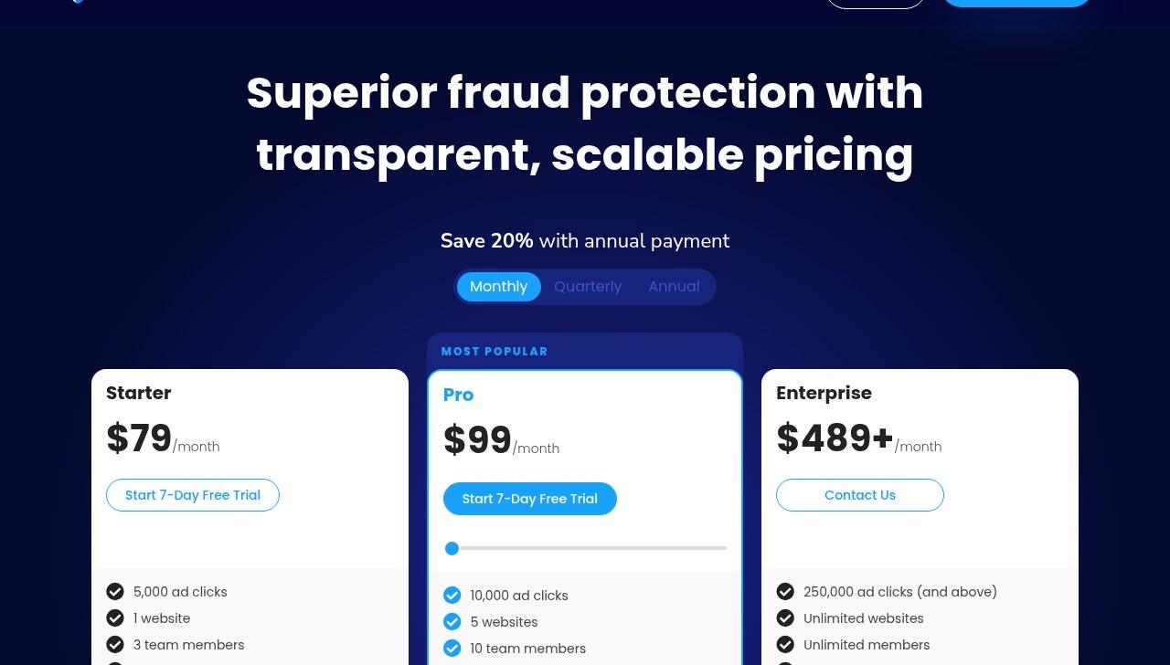 Screenshot of the Fraud Blocker pricing page with monthly billing selected: Starter $79, Pro $99 and Enterprise $489 or more a month