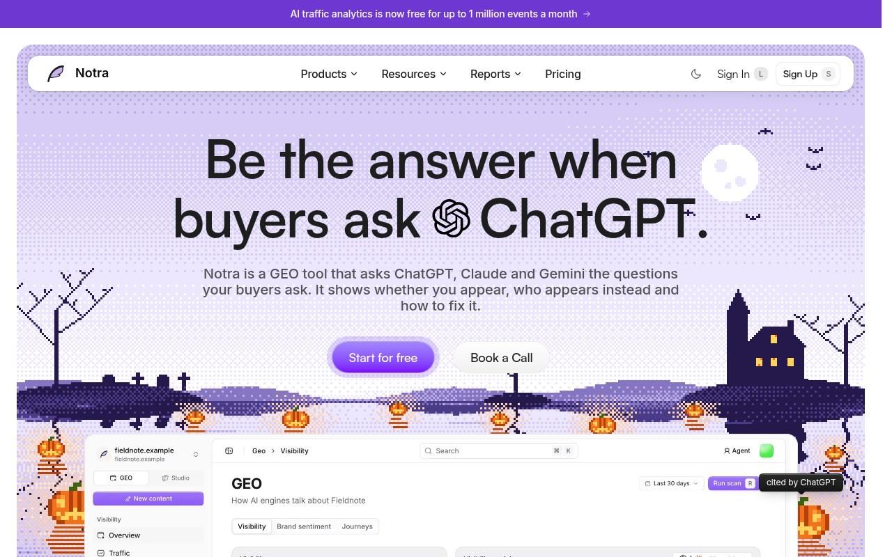 Screenshot of the Notra homepage headline: a GEO tool that asks ChatGPT, Claude and Gemini the questions your buyers ask