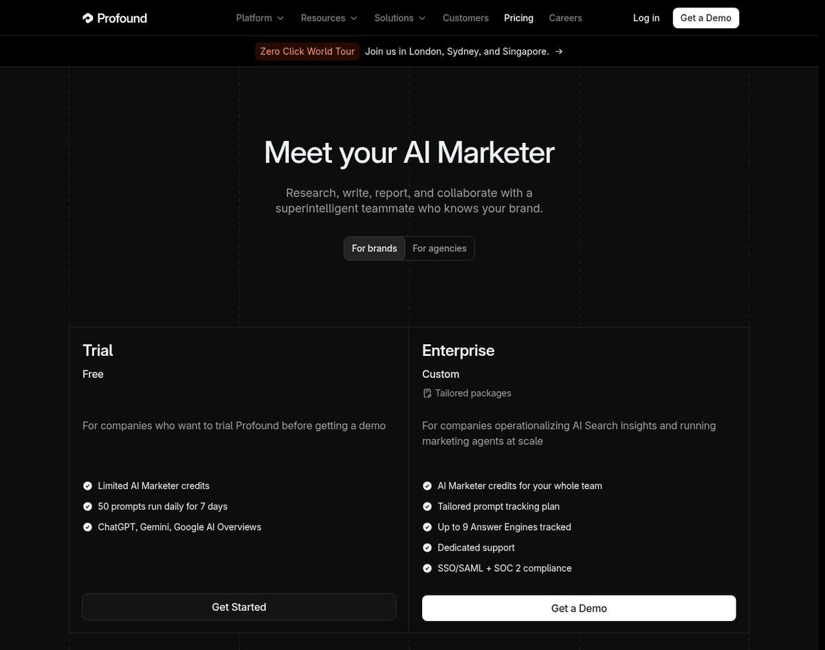 Profound pricing page screenshot showing the free 7-day Trial and the custom-priced Enterprise plan for brands